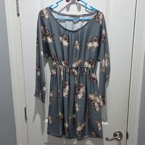 Elegant Floral Long Sleeve Dress in Blue